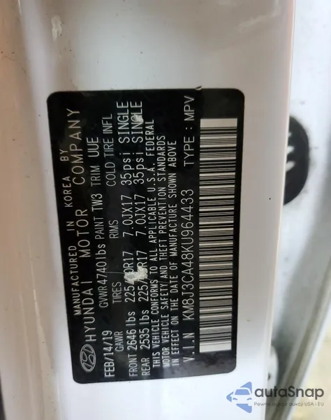 2019 Hyundai Tucson Limited z USA, uszkodzony, nr VIN KM8J3CA48KU964433